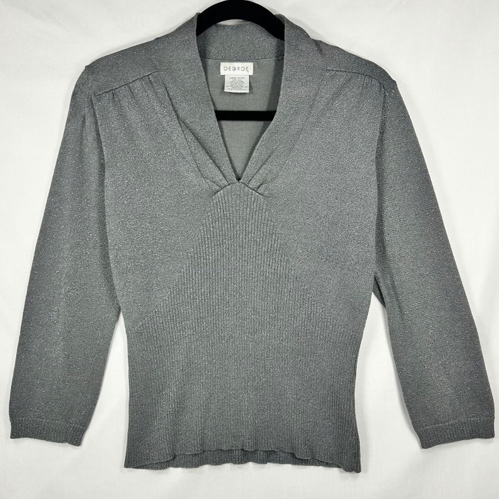 Vintage Y2K George Metallic Silver Knit V-Neck Sweater Silk Blend 3/4 Sleeve Top